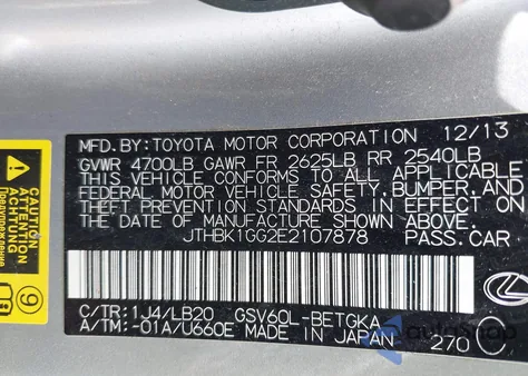 2014 Lexus Es 350 from USA, damaged, VIN JTHBK1GG2E2107878